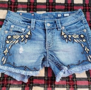Miss Me Shorts Floral Jewels Denim Summer Bling Rhinestone Flowers Leaves